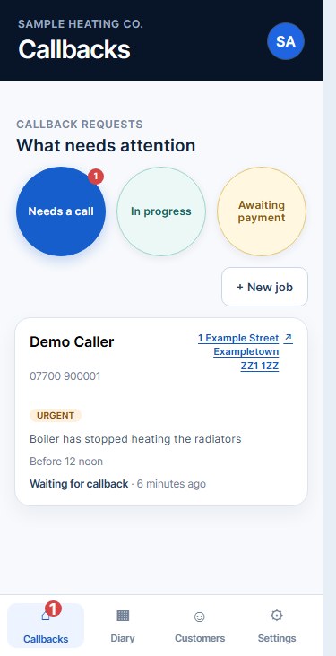 Simple247 callback workbench with a sample enquiry, caller details and callback actions.
